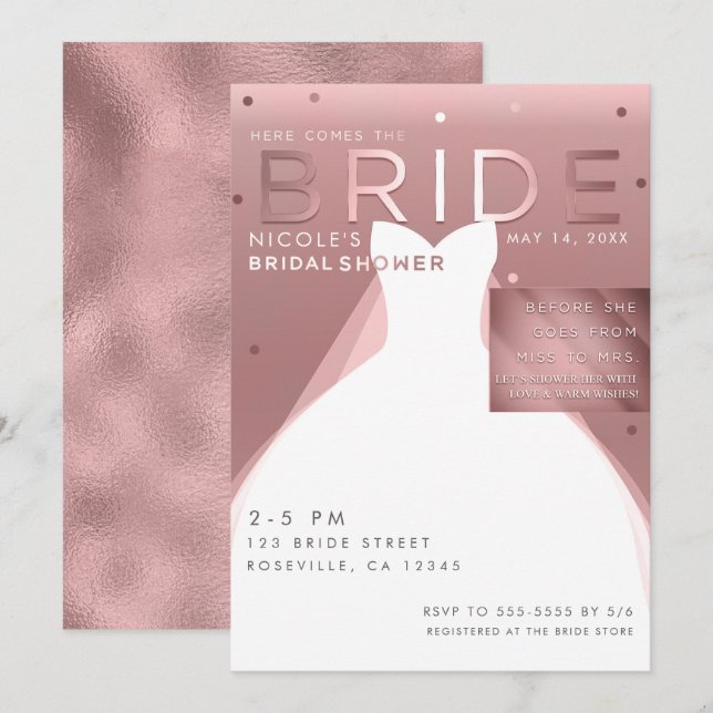 Here comes BRIDE Rose Gold Glam Chic Bridal Shower Invitation (Front/Back)