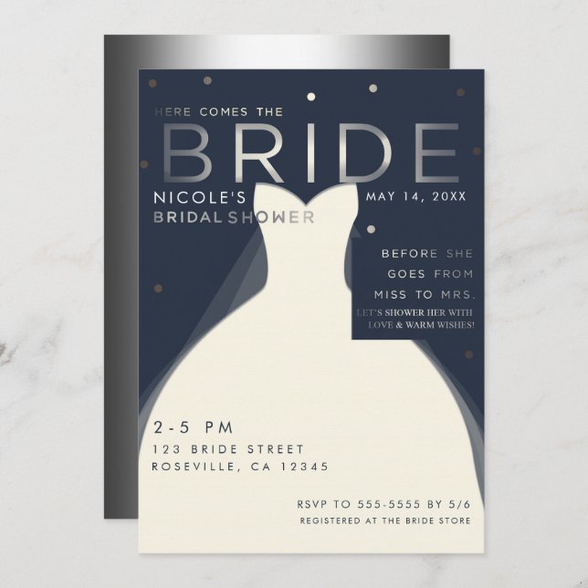 Here comes BRIDE Silver & Blue Chic Bridal Shower Invitation (Front/Back)