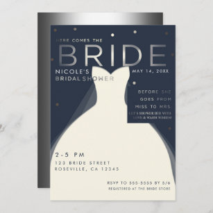 Here comes BRIDE Silver & Blue Chic Bridal Shower Invitation