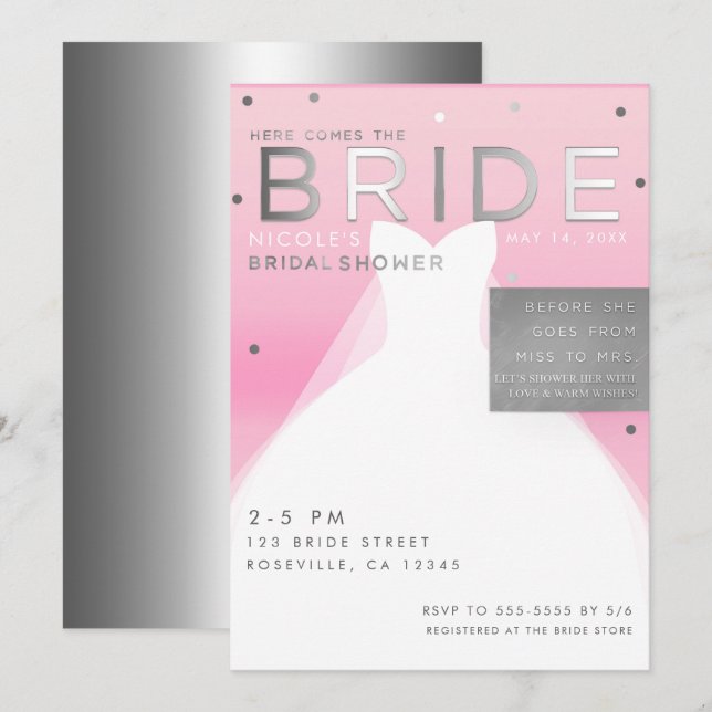 Here comes BRIDE Silver & Pink Chic Bridal Shower Invitation (Front/Back)