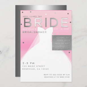 Here comes BRIDE Silver & Pink Chic Bridal Shower Invitation