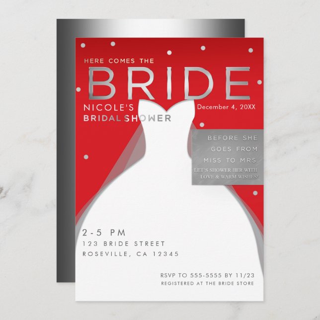 Here comes BRIDE Silver & Red Chic Bridal Shower Invitation (Front/Back)
