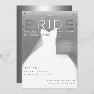 Here comes BRIDE Silver & White Chic Bridal Shower Invitation