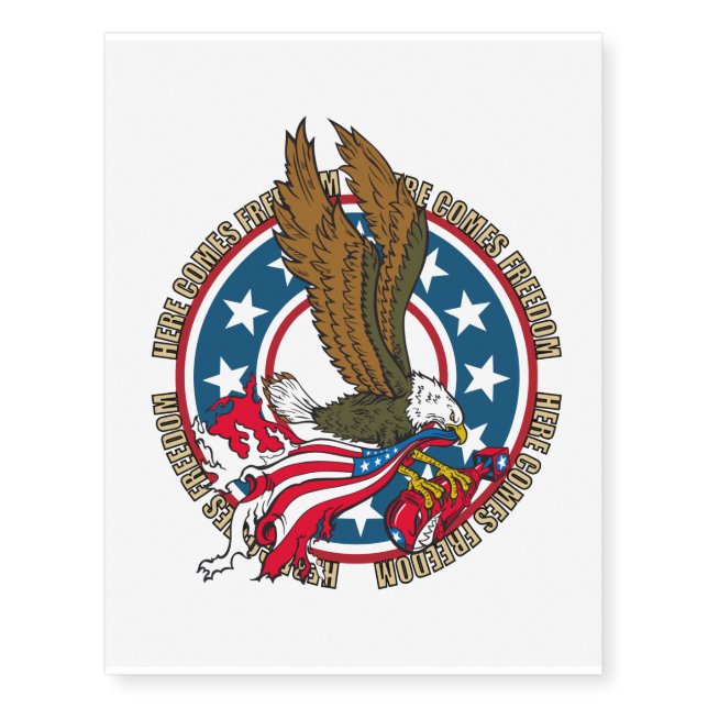 Here Comes Freedom American Bald Eagle Temporary Tattoos (Front)