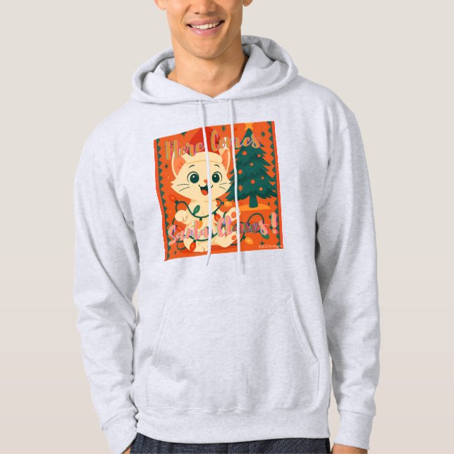 Here Comes Santa Claws! Funny Santa Cat Hoodie (Front)