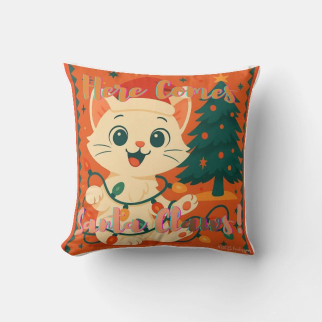 Here comes Santa Claws! Funny Santa Cat Throw Pillow (Front)