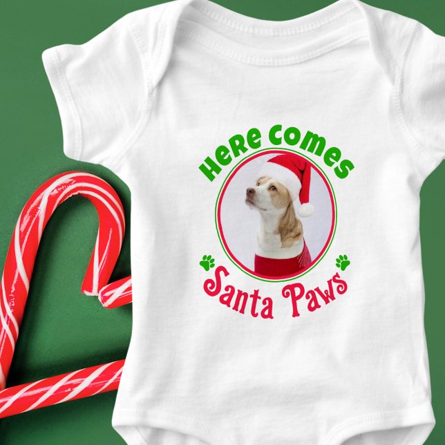 Here Comes Santa Paws Christmas Dog Photo Red Gree Baby Bodysuit (Here comes Santa Paws - cute baby bodysuit with your dog's photo. Red and Green text and accents)