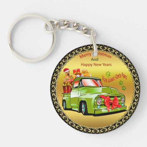 Here comes Santa paws dog Christmas parade truck Keychain
