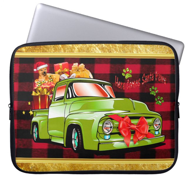 Here comes Santa paws dog Christmas parade truck Laptop Sleeve (Front)