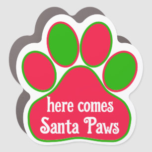 Here comes Santa Paws Red and Green Paw  Car Magnet