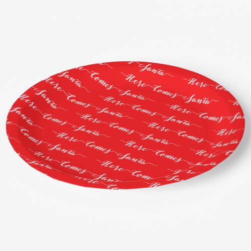 Here Comes Santa White Text Christmas Red Velvet Paper Plates