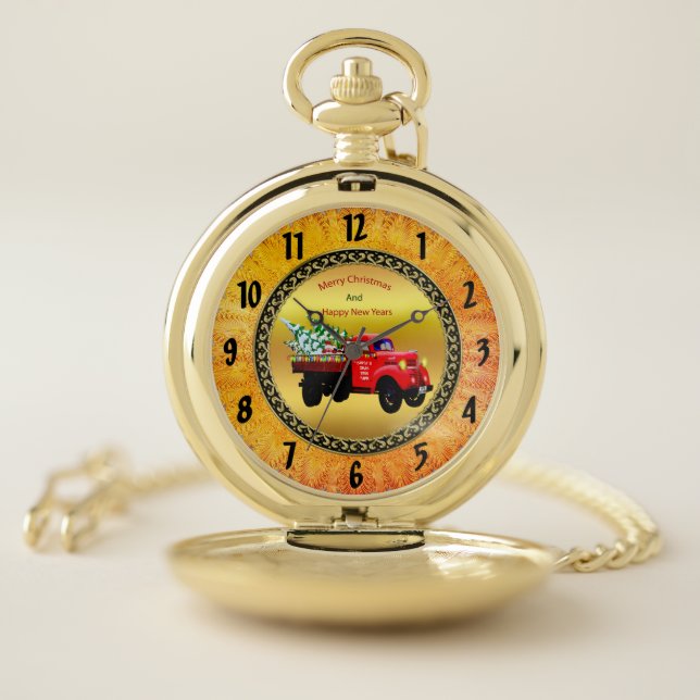 Here comes Santa's Christmas tree farm truck 2 Pocket Watch (Inside)