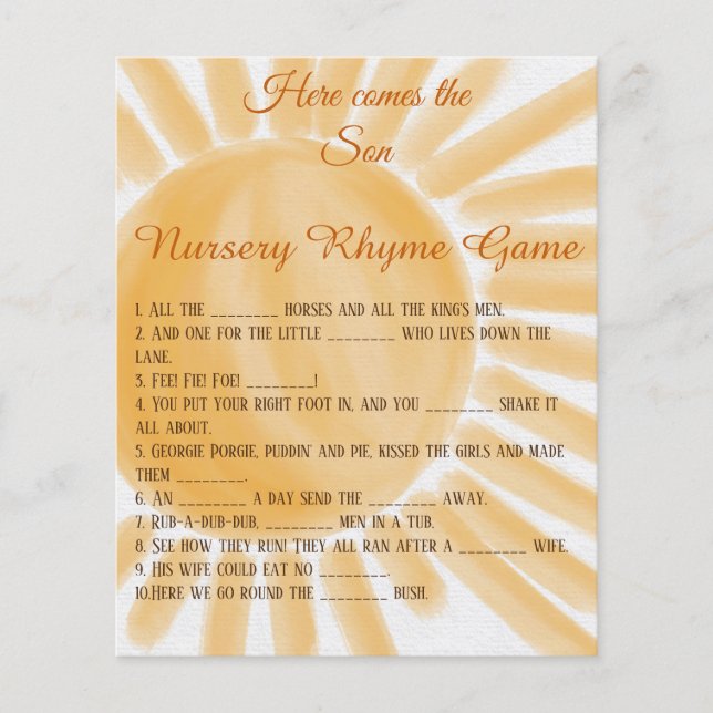 Here Comes Son Baby Shower Baby Nursery Rhyme Game (Front)