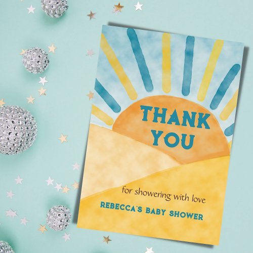 Here Comes Son Blue Rays Sunshine Baby Shower Thank You Card