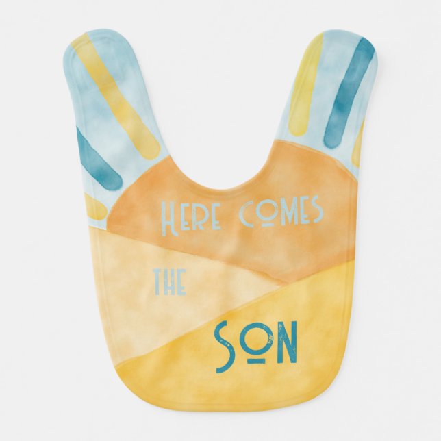Here Comes Son Sunshine Blue Ray Boy Baby Shower Baby Bib (Front)