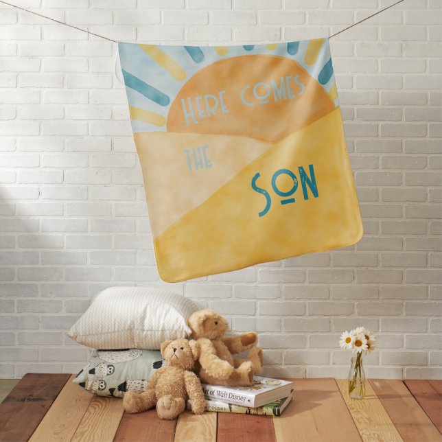 Here Comes Son Sunshine Blue Ray Boy Baby Shower Blanket (In Situ)