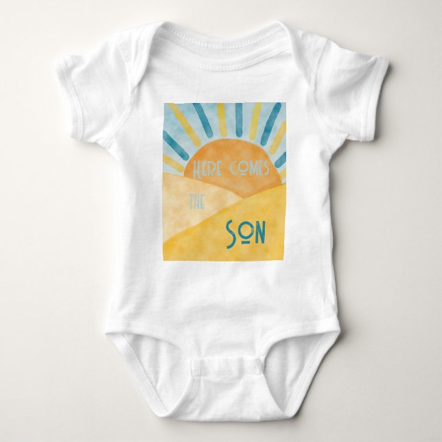 Here Comes Son Sunshine Blue Ray Boy Baby Shower Bodysuit (Front)
