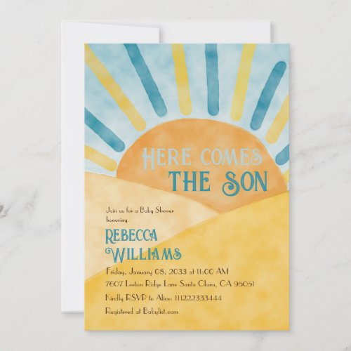 Here Comes Son Sunshine Blue Yellow Baby Shower Invitation
