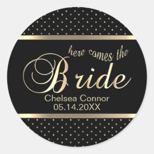 Here Comes The Bride - Black and Gold Classic Round Sticker