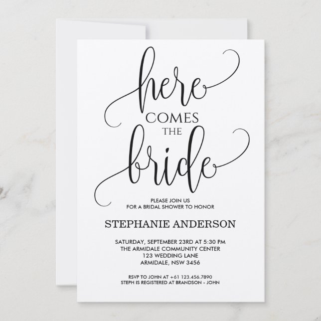 Here comes the bride black bridal shower invitation (Front)