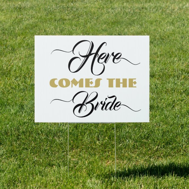 Here Comes the Bride Black & gold Wedding Ceremony Sign (Insitu)