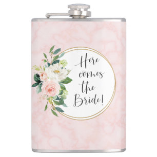 Here Comes the Bride Blush Pink Floral Flask
