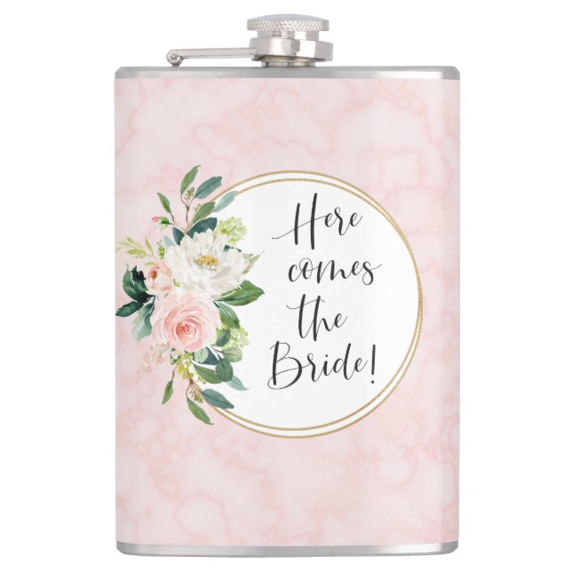 Here Comes the Bride Blush Pink Floral Flask (Front)