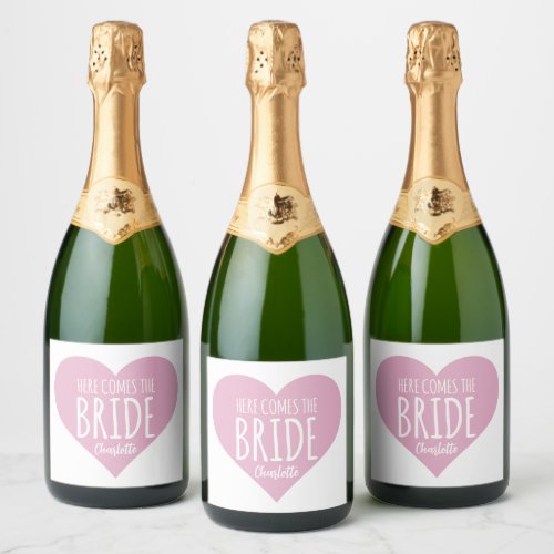 Here Comes The Bride Bridal Shower Pink Heart Sparkling Wine Label