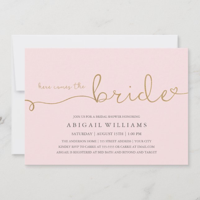 Here comes the bride faux gold invitation (Front)