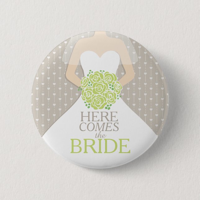 Here comes the bride green roses rehearsal wedding button (Front)