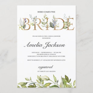 Here comes the bride greenery leaves and gold invitation