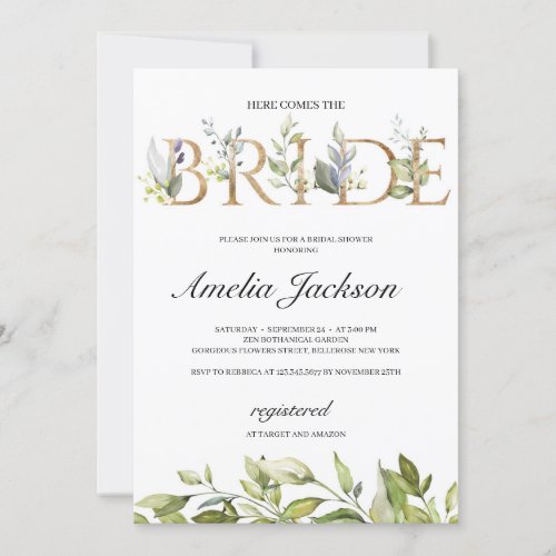 Here comes the bride greenery leaves and gold invitation