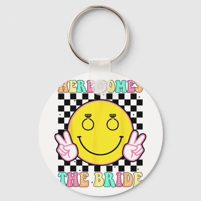Here Comes The Bride Groovy Bachelorette Party Tea Keychain (Front)