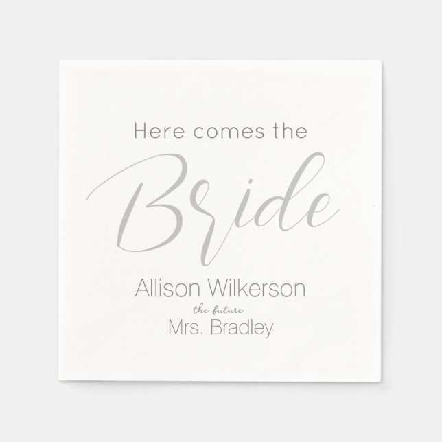 Here Comes the Bride Script Bridal Shower Napkins (Front)