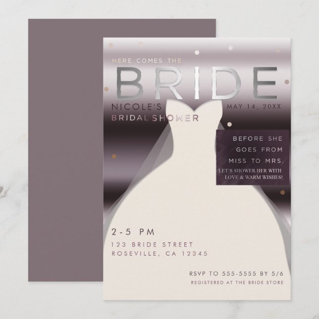 Here comes the BRIDE Silver Purple Bridal Shower Invitation (Front/Back)