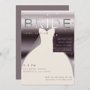 Here comes the BRIDE Silver Purple Bridal Shower Invitation