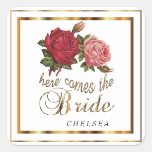 Here Comes the Bride -🌹🌹🌹 Vintage Rose Floral Square Sticker
