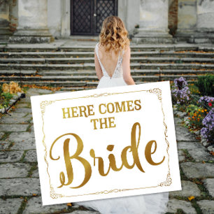 here comes the bride wedding sign gold