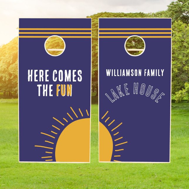 Here comes the FUN - Family Lake House blue yellow Cornhole Set (Creator Uploaded)