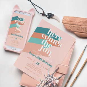 Here Comes the Fun Retro Boho 30th Birthday Party Invitation