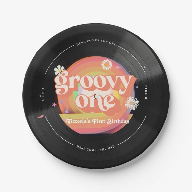 Here Comes The One Groovy Vinyl 1st Birthday Paper Plates (Front)