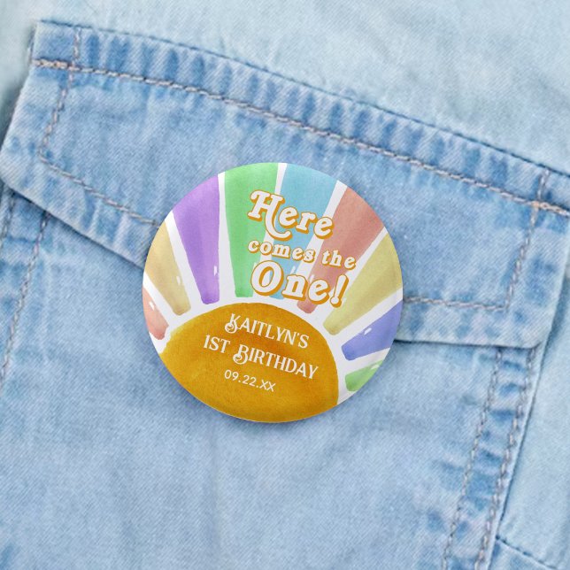 Here Comes The One! Retro Boho Sun 1st Birthday Button (Creator Uploaded)