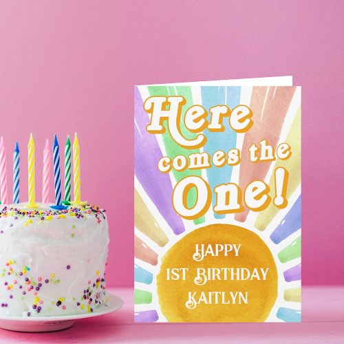 Here Comes The One Retro Boho Sun 1st Birthday Card