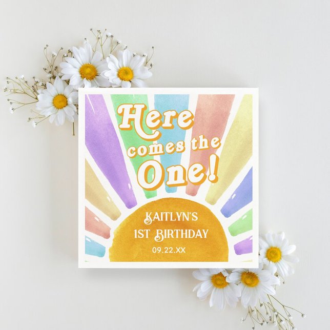 Here Comes The One! Retro Boho Sun 1st Birthday Napkins (Creator Uploaded)