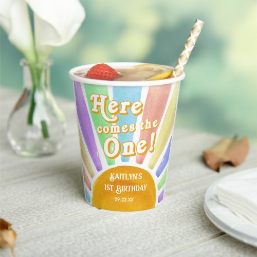 Here Comes The One Retro Boho Sun 1st Birthday Paper Cups