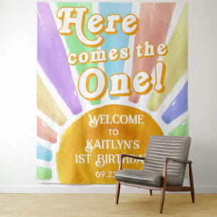 Here Comes The One! Retro Boho Sun 1st Birthday Tapestry