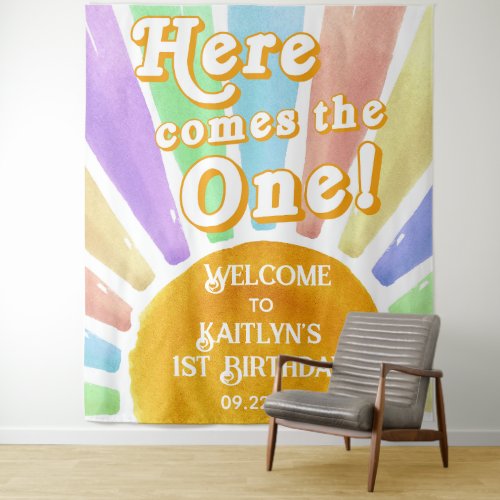 Here Comes The One Retro Boho Sun 1st Birthday Tapestry