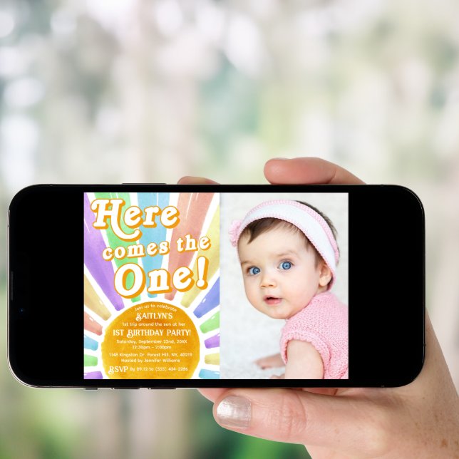 Here Comes The One! Retro Sun 1st Birthday Photo Invitation (Front Digital)