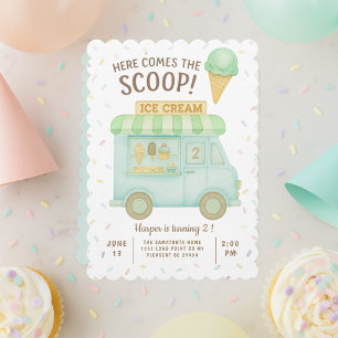 Here Comes the Scoop Mint Green Ice Cream Truck Invitation