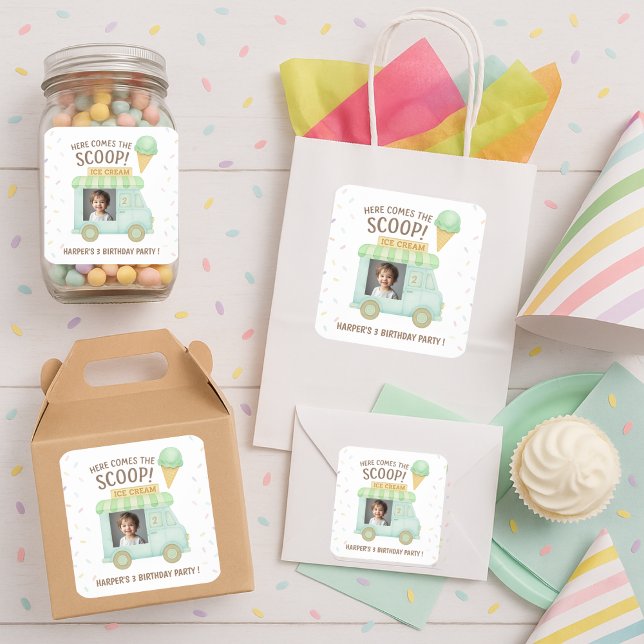 Here Comes the Scoop! Mint Ice Cream Truck Photo  Square Sticker (Creator Uploaded)